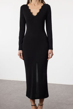 TRENDYOLMILLA Siyah Vucuda Oturan V Yaka Dokuma Elbise TPRAW25EL00164  фото 3