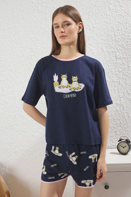 Trendyolmilla Kad?n Couple/Cift Lacivert %100 Pamuklu Kedili Sloganl? Sortlu Orme Pijama Tak?m? THMSS25PT00345  фото 3