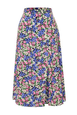 Ac?k Mavi Y?rtmac Detayl? Viskon Kumasl? Cicek Desenli Midi Dokuma Etek TWOSS20ET0230