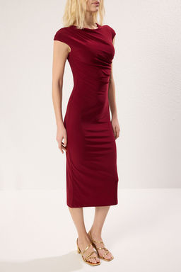 TRENDYOLMILLA Bordo Ay Kol Drapeli Vucuda Oturan Esnek Midi Orme Elbise TWOSS25EL00369  фото 3