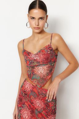 Trendyolmilla Ekru Bask?l? S?rt? Capraz Ask?l? Asimetrik Etek Uclu Tul Orme Bluz TWOSS23BZ00566 фото 19