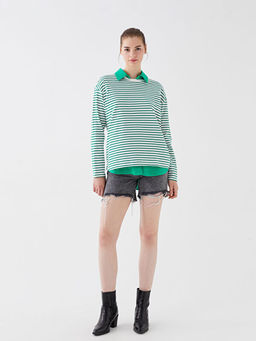 Bisiklet Yaka ?izgili Uzun Kollu Kad?n Sweatshirt