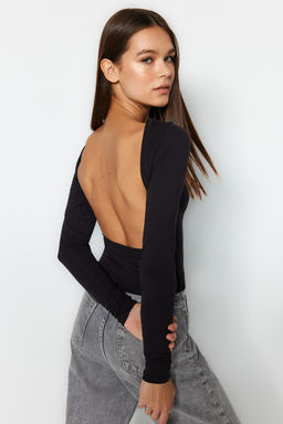 Trendyolmilla Saks Derin S?rt Dekolteli Fitted/Vucuda Oturan Pamuklu Esnek Orme Bluz TWOAW24BZ00173