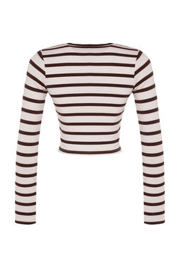 Kahverengi Cizgili Premium Viskoz Yumusak Kumasl? Fitted Crop Esnek Orme Bluz TWOAW24BZ00048