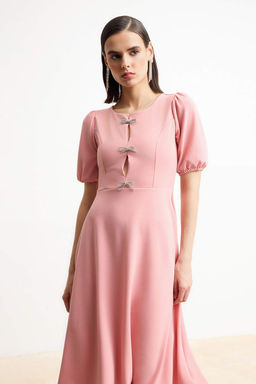 Ac?k Pembe Duz Etegi Belden Ac?lan Fiyonklu Orme Finike Midi Astars?z S?k/Gece Elbise