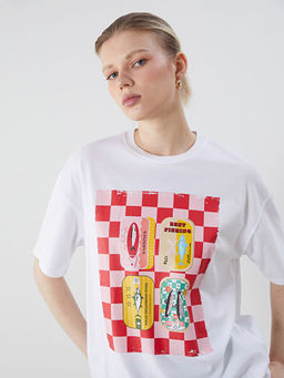 Bisiklet Yaka Bask?l? Oversize Kad?n Ti??rt