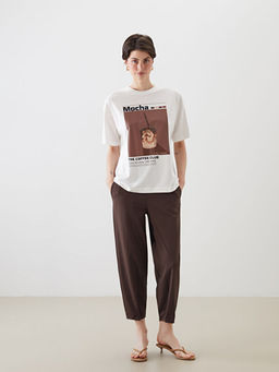 Bisiklet Yaka Bask?l? Oversize Kad?n Ti??rt