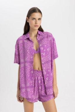 Fall in Love Regular Fit Desenli Viskon Plaj Gomlegi