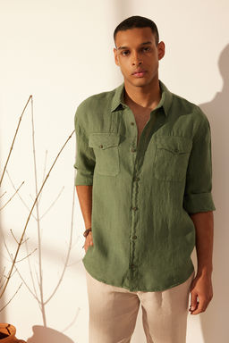 Premium Koyu Yesil %100 Keten Regular Fit Gomlek TMNSS24GO00060