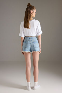 Trendyolmilla Beyaz Y?rt?k Detayl? Yuksek Bel Mini Denim Sort TWOSS25SR00168  фото 4