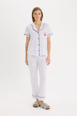 Fall in Love Sevgililer Gunu Pijama Tak?m? K?sa Kollu Dugmeli Ust Esnek Belli Uzun Alt