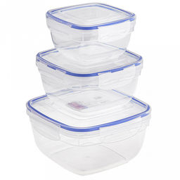 Контейнер для продуктов пластмассовый набор 3шт: 0,5л - 12х12х6,5см, 0,9л - 14,3х14,3х8см, 1,5л - 17х17х9,5см, квадратный, с клипсами, воздухонепроницаемый (герметичный), съемный силиконовый уплотнитель, подходит для СВЧ (Россия)
