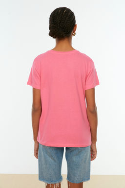 Indigo-Pembe %100 Pamuk 2li Paket Basic Bisiklet Yaka Orme T-Shirt TWOSS20TS0141