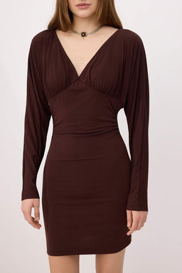 Kahverengi Bodycon V Yaka Uzun Kollu Buzgulu Mini Esnek Orme Elbise TWOSS26EL00630 - Trendyolmilla фото 3