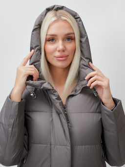 Пальто утепленное стеганное зимнее с капюшоном женское темно-серого цвета 9606TC