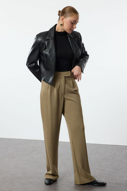 Koyu Haki C?rt C?rt Kapamal? Yuksek Bel Pileli Wide Leg/Genis Kesim Pantolon TWOAW24PL00177