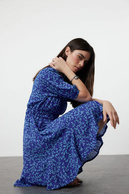 Pembe Cicekli Mini Skater Form Kruvaze Yaka Dokuma Elbise TWOSS24EL01074 - Trendyolmilla фото 9