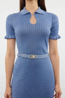 Mavi Midi Triko Merserize Gorunumlu Simli Elbise TWOSS24EL00852 - Trendyolmilla фото 4