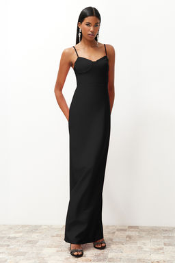 Siyah Gogus Detayl? Vucuda Oturan Dokuma Uzun Gece Abiye Elbise TPRSS24AE00115