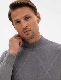 Gri Slim Fit Yar_m Bal_k__ Yaka Triko Kazak