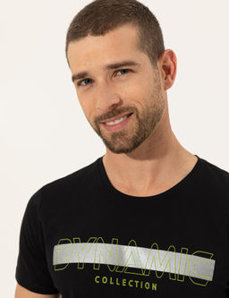 Siyah Slim Fit Bask_l_ Bisiklet Yaka Ti__rt