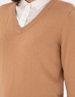 Camel Slim Fit V Yaka Basic Kazak