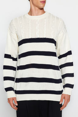 TRENDYOL MAN Ekru Casual Unisex Oversize Fit Genis Kal?p Sac Orgu Cizgili Tuylenmeyen Triko Kazak TMNAW24KZ00002 - Trendyolmilla фото 3