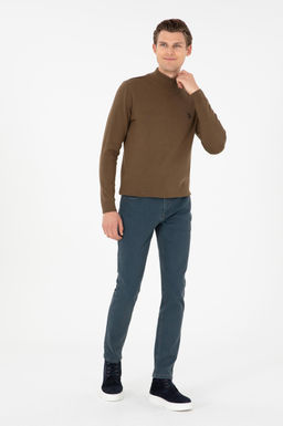 Erkek Slim Fit Yar_m Bo_azl_ Haki Basic Kazak