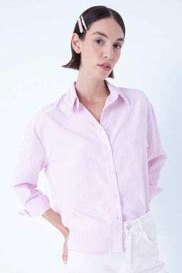 Oversize Genis Kal?p Cizgili Yaka Boncuklu Oxford Uzun Kollu Gomlek - Defacto фото 2