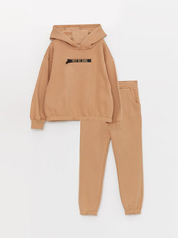 Kap??onlu Bask?l? Uzun Kollu K?z ?ocuk Sweatshirt ve E?ofman Alt?