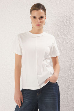 TRENDYOLMILLA Haki %100 Pamuk Dikis Detayl? Regular/Normal Kal?p Orme T-Shirt TWOSS25TS00135  фото 6