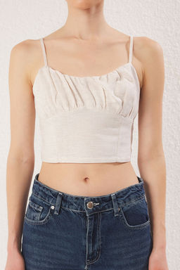 Bej Keten Icerikli Ince Ask?l? Crop Buzgulu Dokuma Bluz TWOSS25BZ00248 - Trendyolmilla фото 4