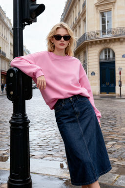 Pembe Oversize/Rahat Kesim Basic Bisiklet Yaka Kal?n/Ici polarl? Orme Sweatshirt TWOAW24SW00102