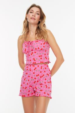 Trendyolmilla Pembe %100 Pamuklu Kiraz Desenli Ip Ask?l? Sortlu Orme Pijama Tak?m? THMSS22PT0649  фото 8