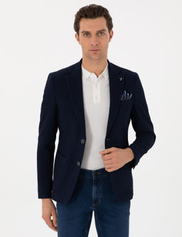 Lacivert Slim Fit Dokulu Y_n Kar___ml_ Ceket
