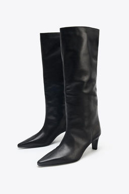 LEATHER KITTEN HEEL BOOTS - Zara фото 3