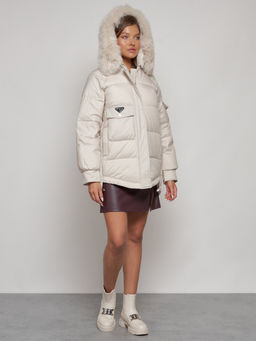 Куртка зимняя женская модная с мехом бежевого цвета 13301B - Visdeer фото 8