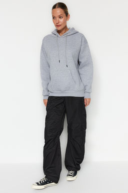 Gri Melanj Kal?n Ici Polarl? Oversize/Genis Kal?p Kapusonlu Basic Orme Sweatshirt TWOAW24SW00103