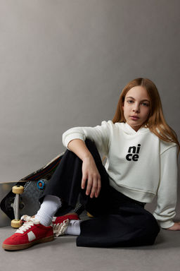 Relax Fit Kap__onlu Bask_l_ Sweatshirt K_z _ocuk