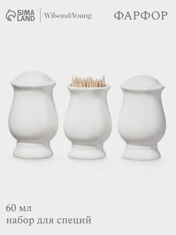 Набор для специй WY Renessans, 3 предмета: солонка, перечница, подставка для зубочисток, 60 мл, фарфор, белый