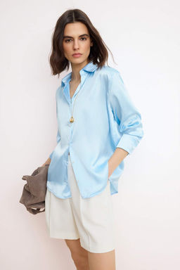 TRENDYOLMILLA Lacivert Oversize/Genis Kal?p Saten Dokuma Gomlek TWOAW24GO00211  фото 14