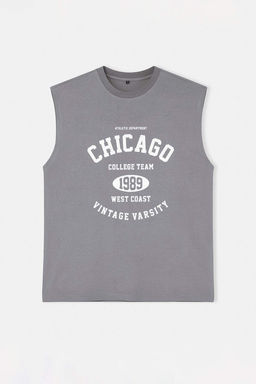 Gri Oversize/Genis Kesim Sehir Bask?l? %100 Pamuk Kolsuz T-Shirt/Atlet TMNSS23AL00008