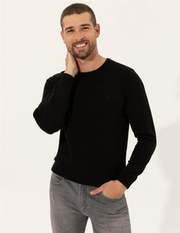 Siyah Slim Fit Bisiklet Yaka Basic Triko Kazak