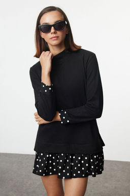 Siyah Selanik Dik Yaka Puantiyeli Mini Orme Elbise TWOAW25EL00282