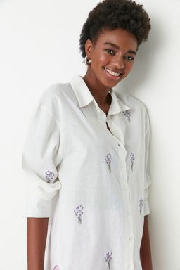 TRENDYOLMILLA Ekru Cicek Nak?s Detayl? Pamuklu Oversize Genis Kesim Dokuma Gomlek TWOSS22GO0246 фото 12