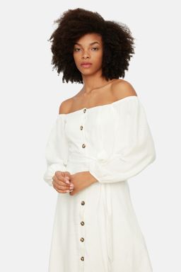 TRENDYOLMILLA Ekru Kusakl? Midi Dugmeli Kare Yaka Dokuma Keten Gorunumlu Elbise TWOSS19IE0009  фото 13