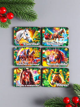 Набор магнитов на холодильник 6 шт. «Конь новогодний: Везу добро», 6×4.5 см
