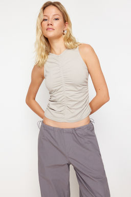 Trendyolmilla Ac?k Gri Buzgu/Drape Detayl? Bisiklet Yaka Orme Bluz TWOSS24BZ00466