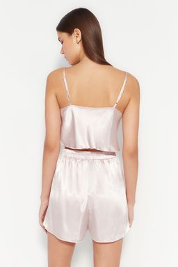 Trendyolmilla Pudra Saten Ip Ask?l? Sortlu Dokuma Pijama Tak?m? THMSS23PT00097 фото 6