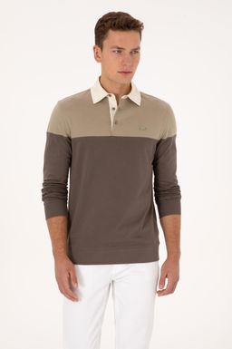 Erkek Regular Fit Polo Yaka A__k Haki Sweatshirt